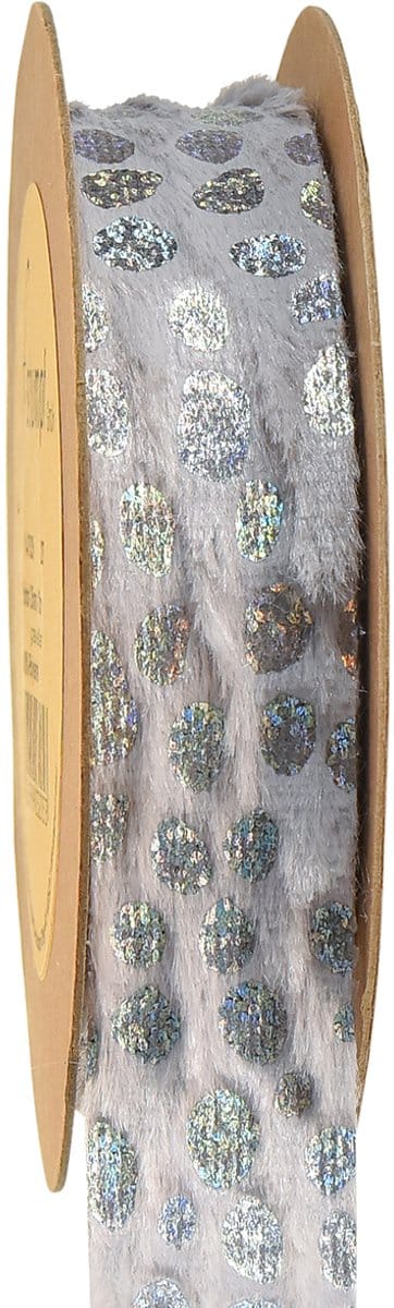 Decoratief lint met bontlook en holo-effect grijs zilver 25mm 10m