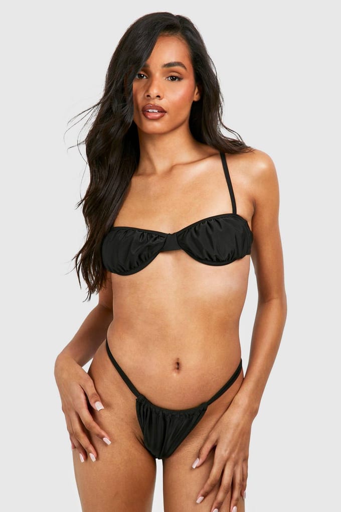 boohoo Dames Lange geraffleerde cup-detail bikiniset | Zwart | Maat: 44