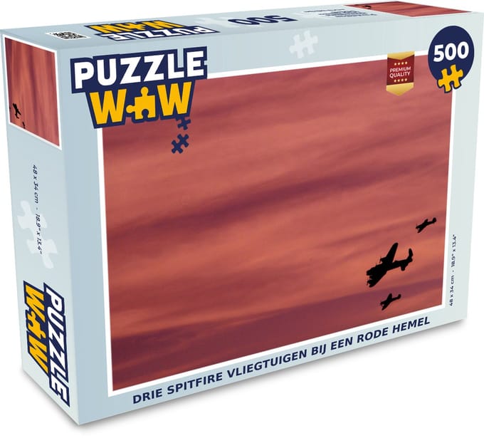 Puzzel Drie spitfire vliegtuigen bij een rode hemel - Legpuzzel - Puzzel 500 stukjes