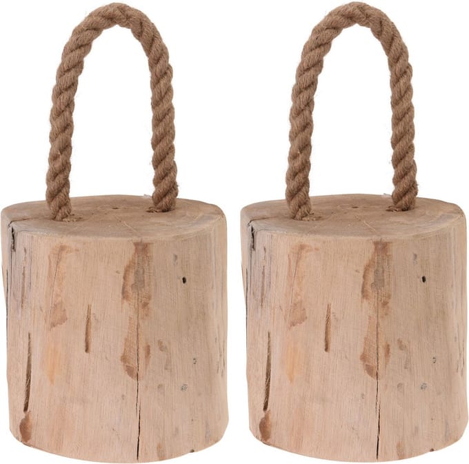 Excellent Houseware Deurstopper Boomstam - 2x - teak hout - met draagtouw - 14 cm - natuurlijk wonen