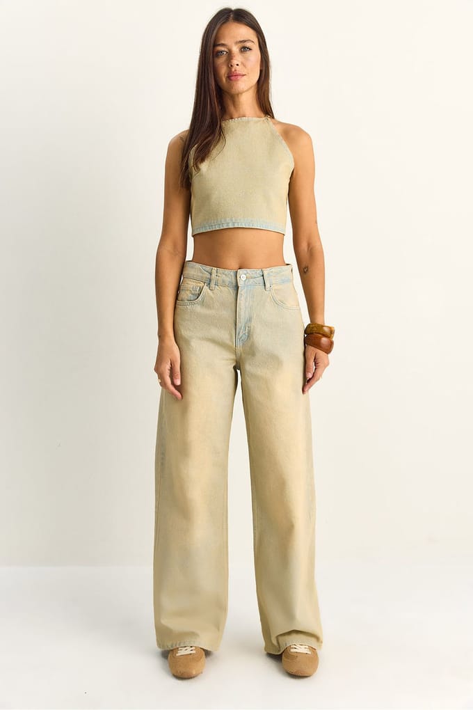 Hoge Taille Denim Haltertop en Brede Pijpen Broek Set