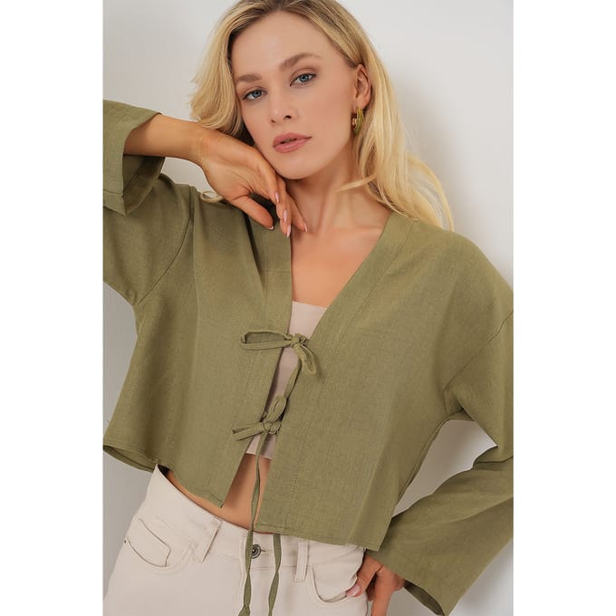 Viscose Blend V-Hals Lange Mouw Kimono met Binding Detail