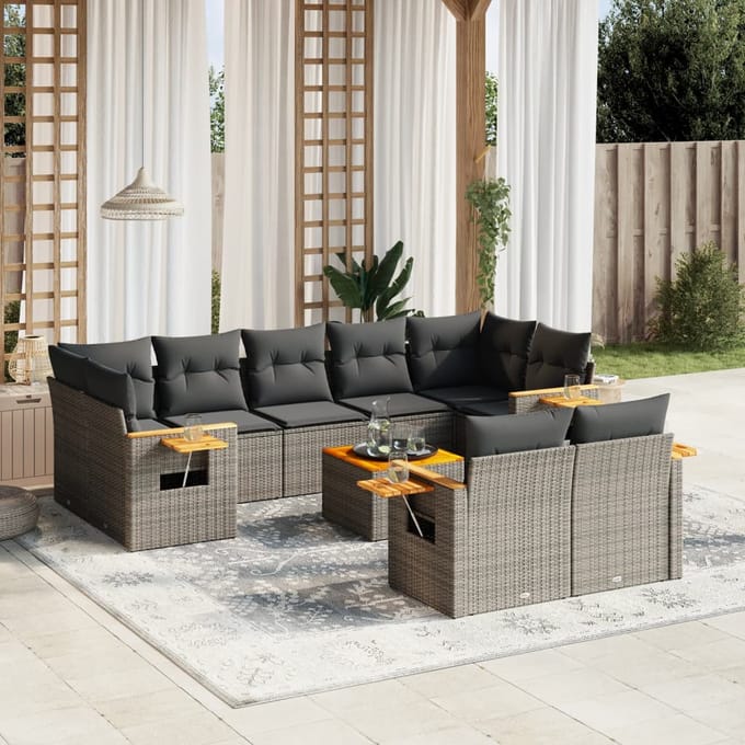 vidaXL - 10-delige - Loungeset - met - kussens - poly - rattan - grijs