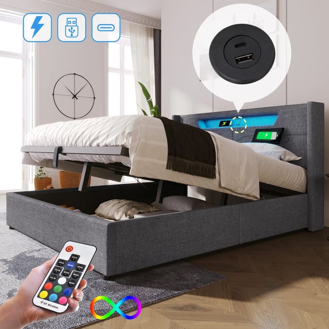 STILVORA Gestoffeerd Bed 140x200cm - Bed met Opbergruimte en LED Verlichting - USB C Type - Linnen - Grijs