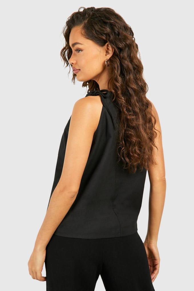 boohoo Dames Linnen Look Strappy Top | Zwart | Maat: 34