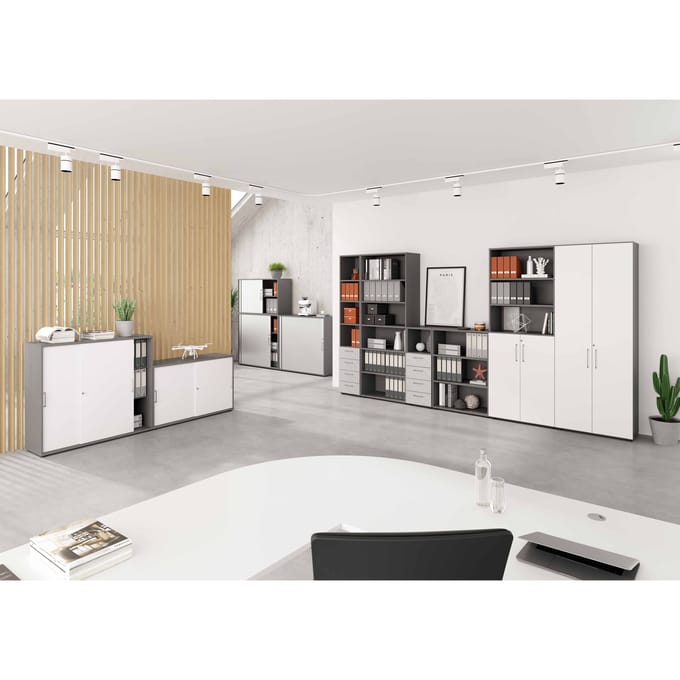 Kasten Breno, 2 OH, afsluitbaar, 28 kg per plank, B 800 x D 420 x H 748 mm, grafiet/wit