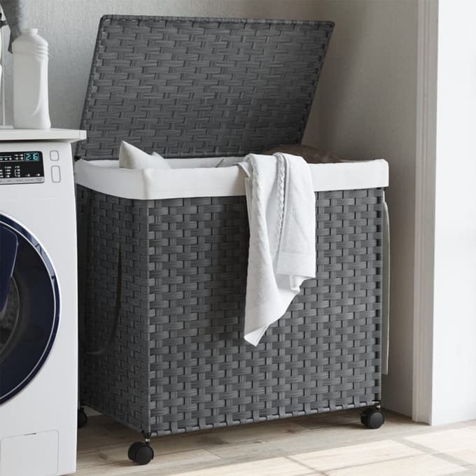 vidaXL Rieten Wasmand op Wielen | Huishouden & Wassen | Grote Grijs Rieten Kledingmand met Handvat en Wielen (60x35x60,5 cm)