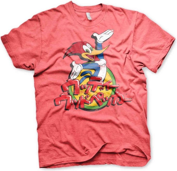 Woody Woodpecker Heren Tshirt -M- Washed Japanese Logo Rood