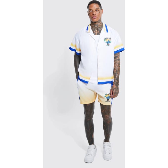 Regular Fit Miami Border Shirt And Short Set | White | Size Medium