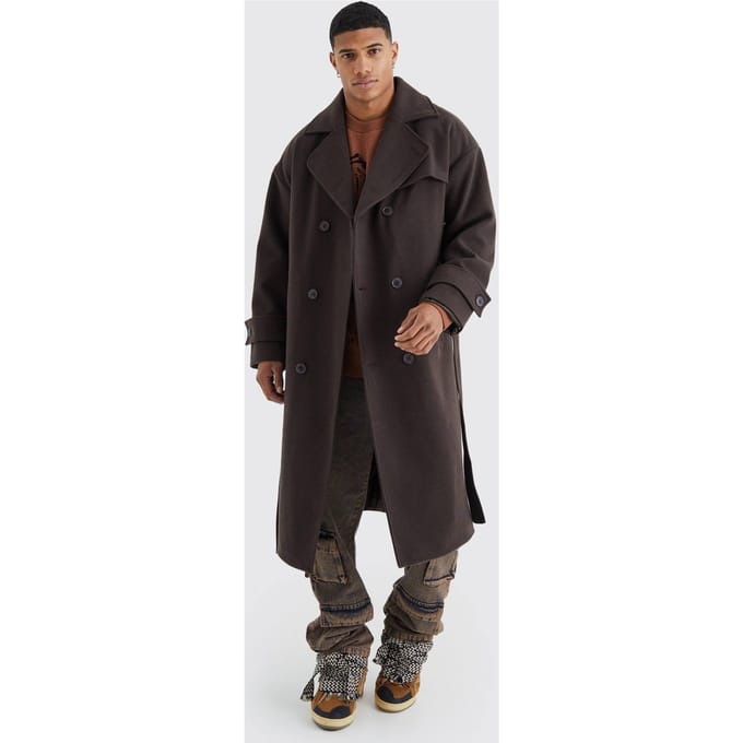 Dubbelbeslagen trenchoverjas in chocolade | Chocolate | Size Medium