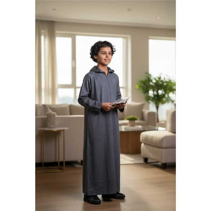 Grijze Marokkaanse Jubba-robe met capuchon voor jongens, geschikt voor Eid, Ramadan en Eid (LFS) - K-HM12