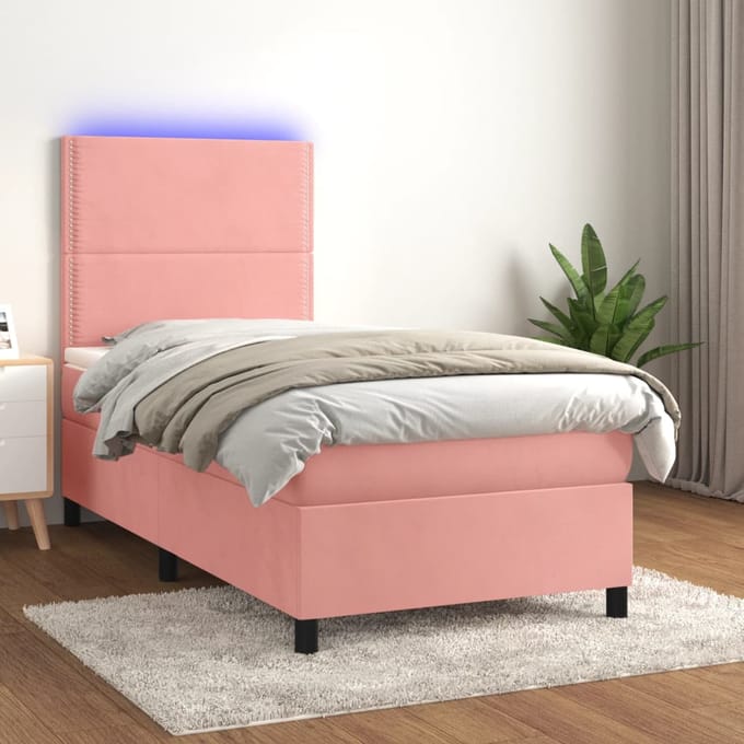 vidaXL - Boxspring - met - matras - en - LED - fluweel - roze - 90x200 - cm