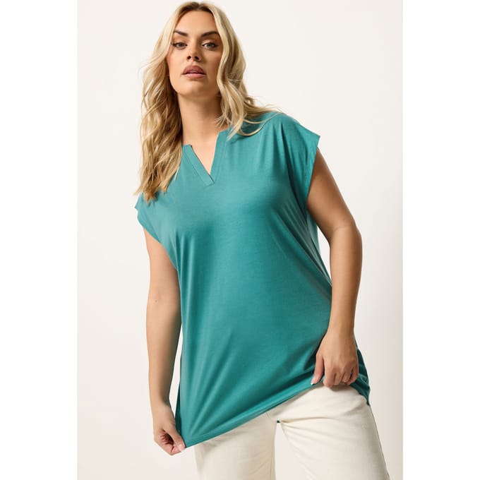 Yours Tealblauw Tshirt Met Inkeping In De Hals Size 66-68