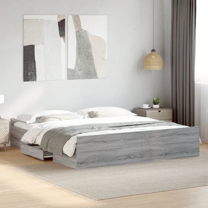 vidaXL - Bedframe - met - lades - bewerkt - hout - grijs - sonoma - eiken - 200x200 - cm