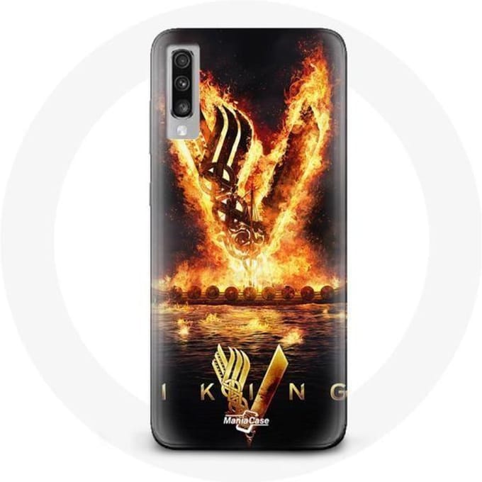 Coque - Vikings - Samsung Galaxy A70 - Logo V - Épée de Feu - Fond Noir noir