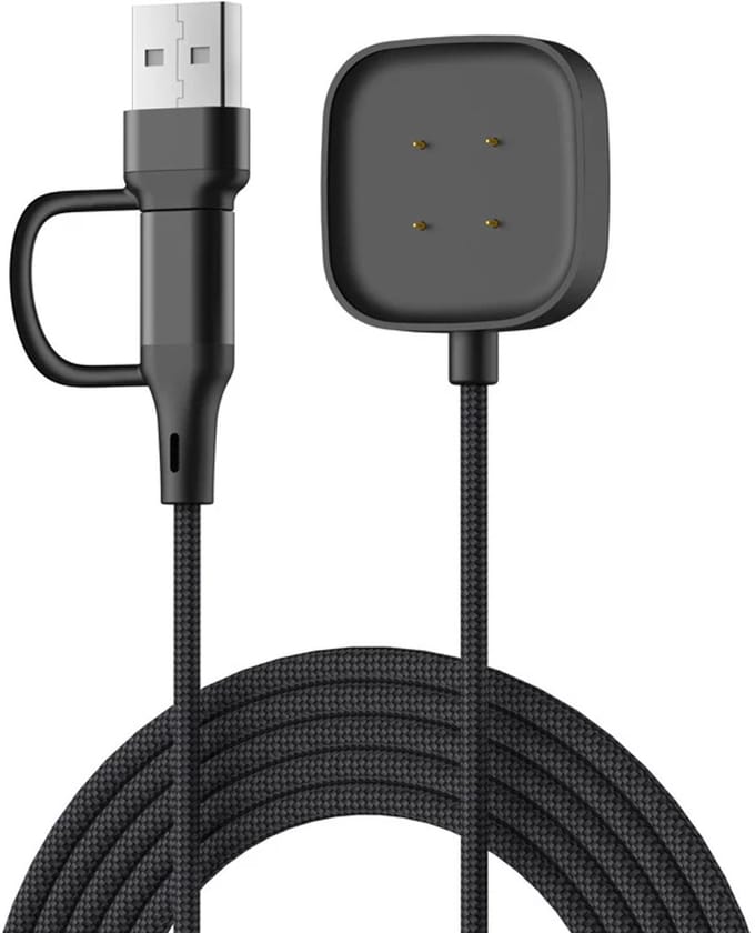 Strap-it 2-in-1 gevlochten oplader geschikt voor Fitbit Versa 3 / Versa 4 / Sense / Sense 2 - USB-A & USB-C aansluiting - Zwart