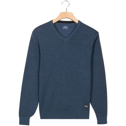 Baileys Trui V-Neck Cotton Allover Fine Texture Two-Tone Midden Blauw / male