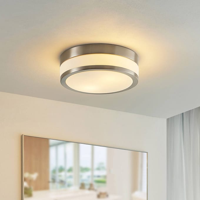 Lindby - Plafondlamp badkamer - 2lichts - Glas, metaal - H: 9 cm - E27 - opaalwit, mat nikkel