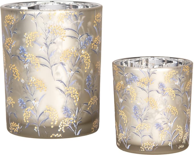 Clayre & Eef Theelichthouder Set van 2 Ø 7x8 / 10x13 cm Grijs Glas Bloemen