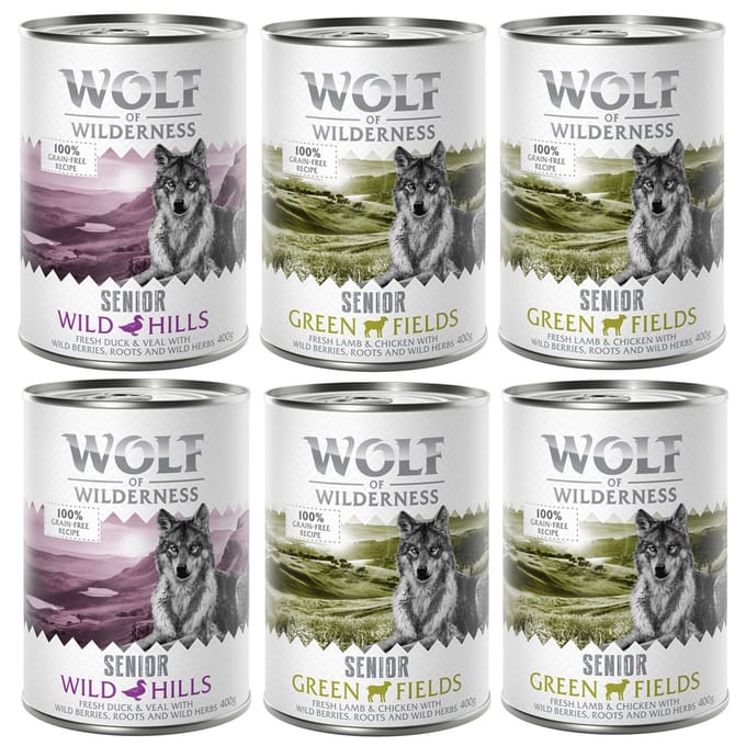 6 x 400 g Wolf Of Wilderness Lam & Kip, Eend & Kalf Honden Natvoer