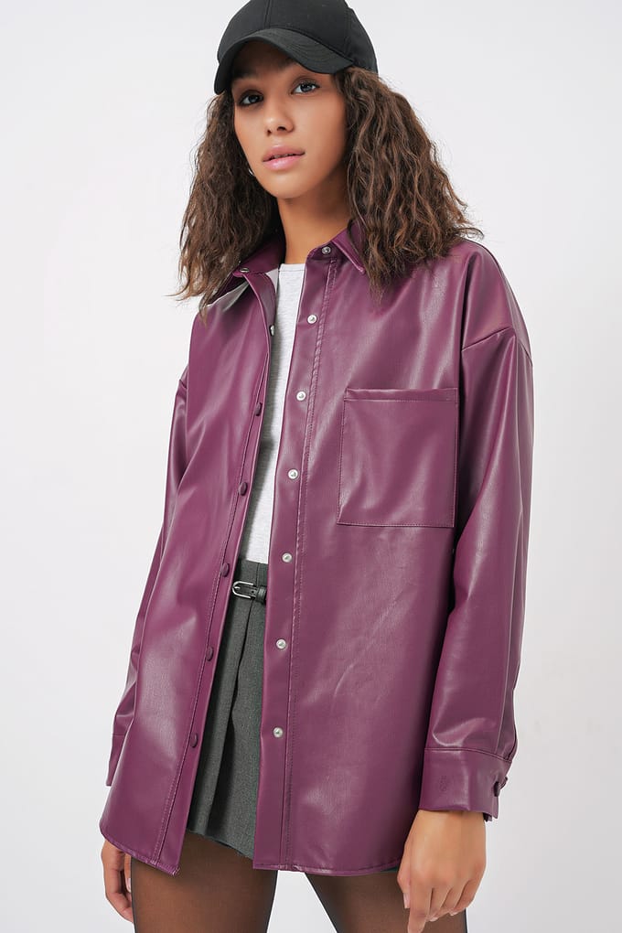 Oversized Faux Leather Lange Mouwen Overhemd met Knopen en Zak