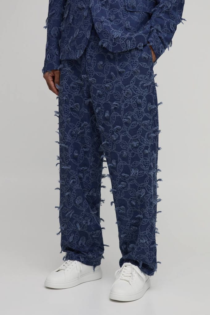 Getextureerde Denim-look Pantalon Met Relaxed Fit En Tailored Snit | Navy | Size 32