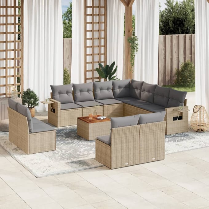 vidaXL - 12-delige - Loungeset - met - kussens - poly - rattan - gemengd - beige