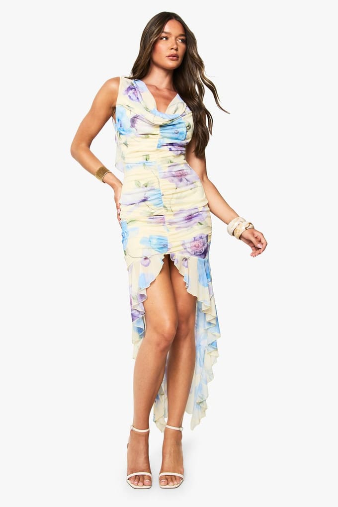 boohoo Dames Bloemen Mesh Gerimpelde Maxi Jurk | Lemon | Maat: 12
