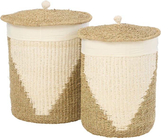 J-Line mand + deksel - ijzer/papier - wit/naturel - set van 2