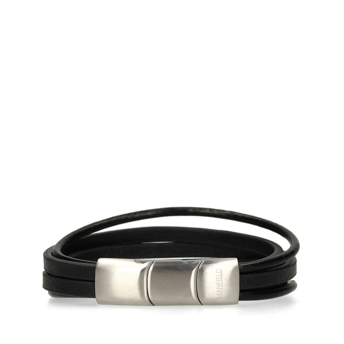 Manfield - Heren - Zwarte leren heren armband - Maat 1