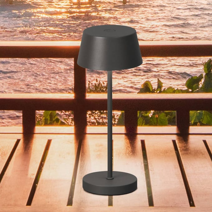 FH Lighting LED-batterij-tafellamp Sienna Pro, zandgrijs, 24 cm, metaal IP54