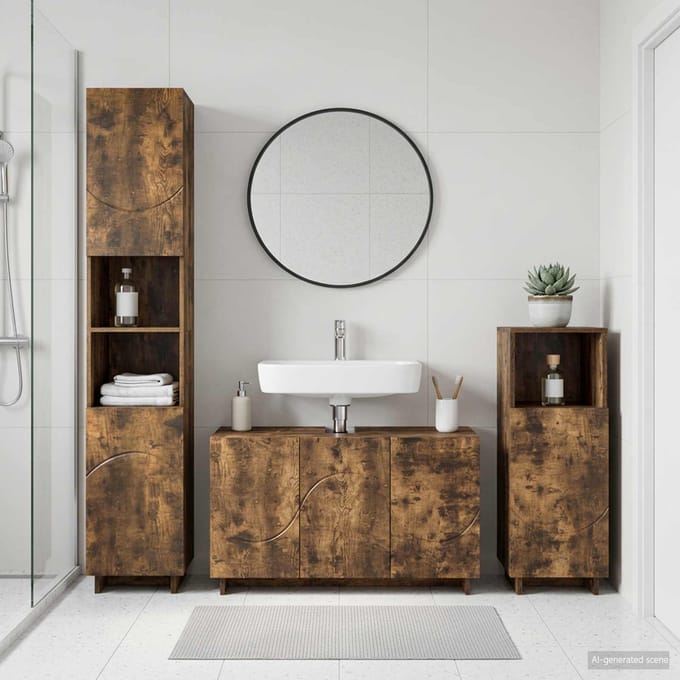 vidaXL - Badkamerkast - set - 3 - st - Gerookt - eiken - Bewerkt - hout