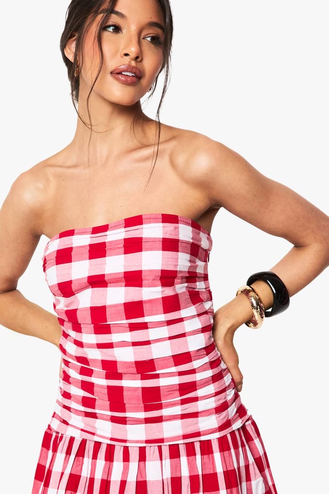 boohoo Dames Gingham Puffball Bandeau Mini Jurk | Rood | Maat: 38
