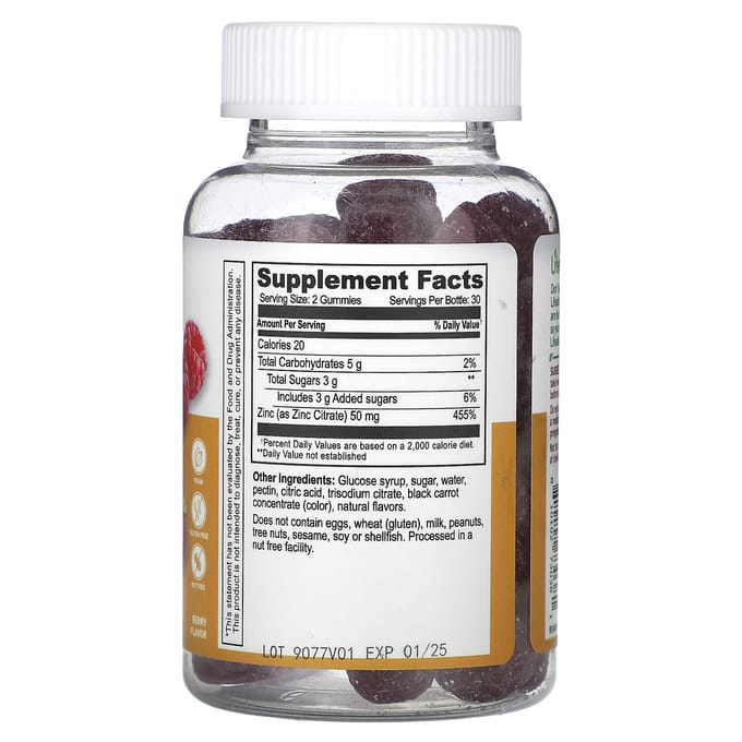 Lifeable, Gommes de zinc à concentration maximale, baie, 50 mg, 60 gommes (25mg par gummie)