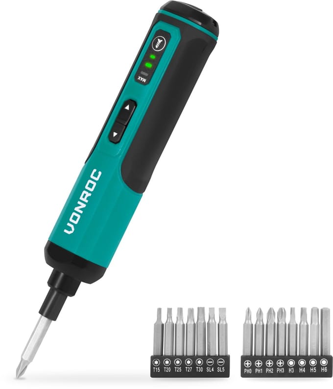 VONROC Elektrische Schroevendraaier 4V - Incl. 15-delige bitset en USB-C kabel