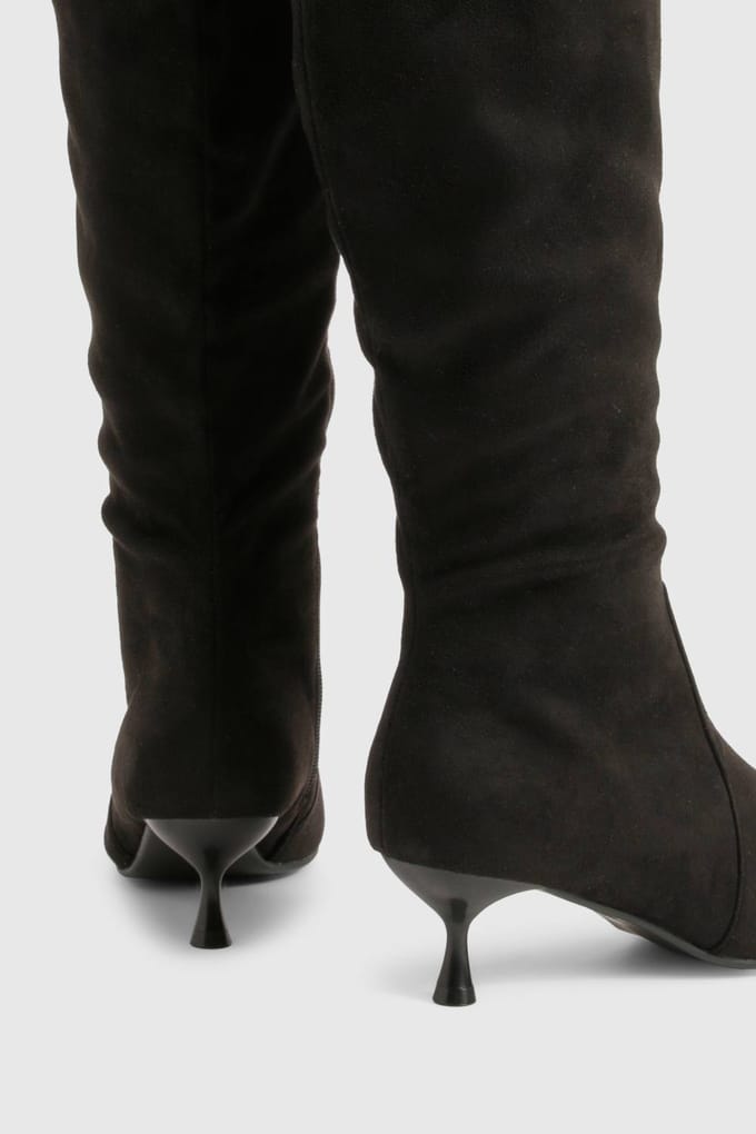 boohoo Dames Wide Fit Low Heel Pointed Toe Knee High Boots | Black | Maat: 4