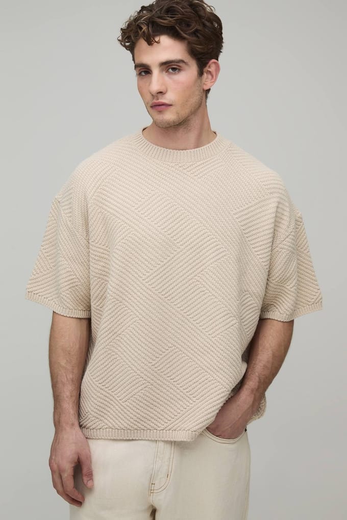 Oversized Geometric Textured Stitch Knitted T-Shirt | Stone | Size Small