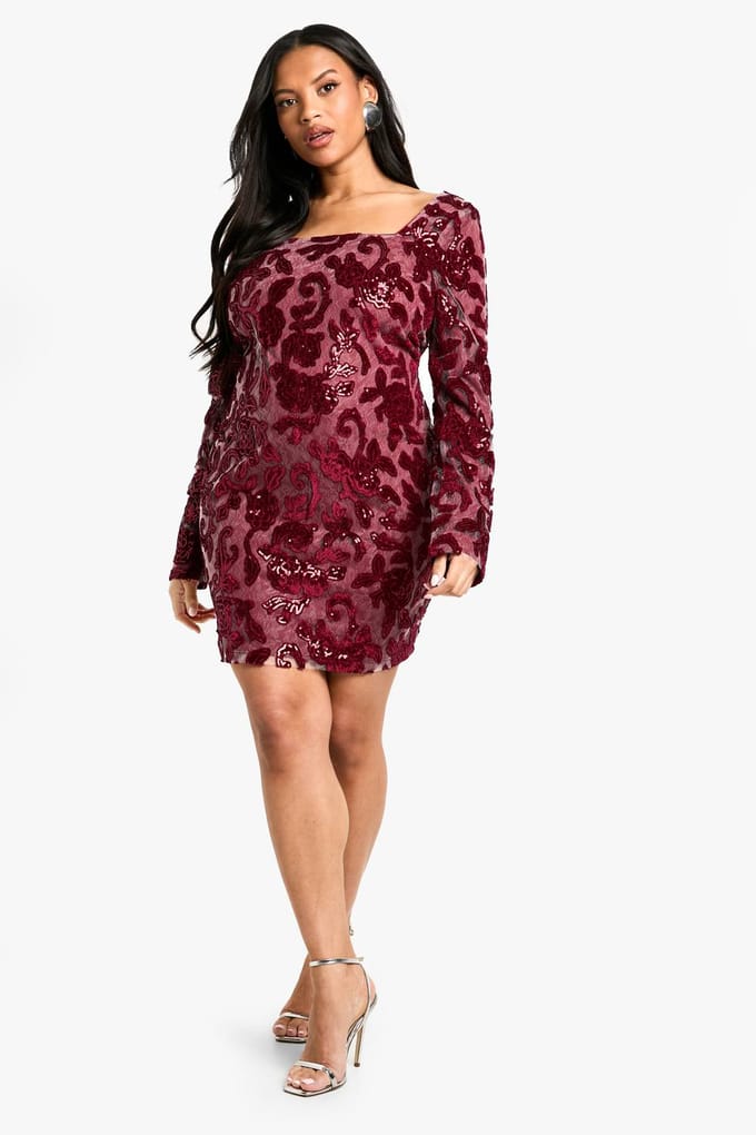 boohoo Dames Plus Demask Square Neck Bodycon Dress | Bessen | Maat: 48