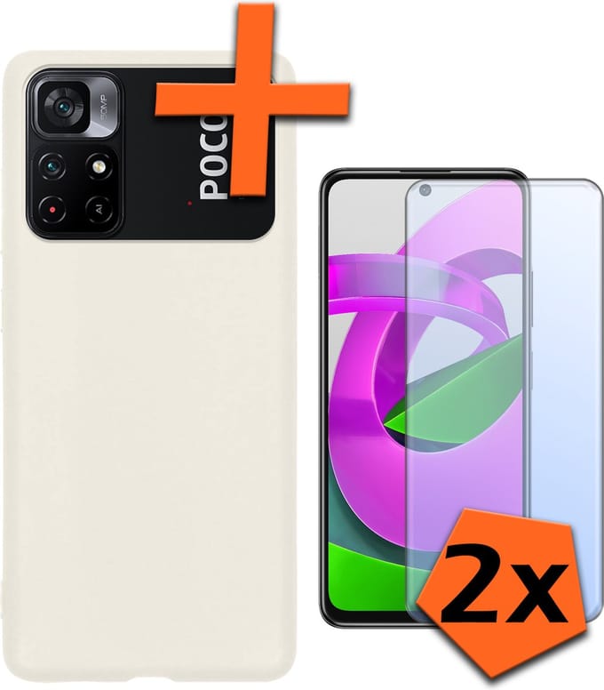 Hoes - Met 2x Screenprotector - Geschikt voor Xiaomi Poco M4 Pro 5G - Sterk & Shockproof - Back Cover - Siliconen Case - Telefoon Hoes - Wit