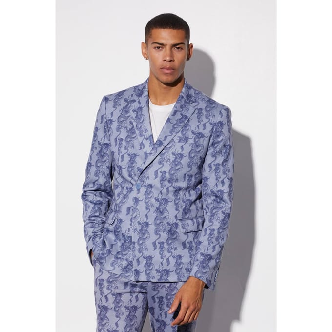 Slim Fit Wrap Dragon Printed Suit Jacket | Ice Blue | Size 46