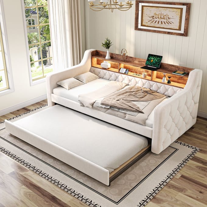 REDOM Slaapbank 90x190 cm – Fluweel met uitschuifbed, LED, USB-C en opbergruimte – Beige