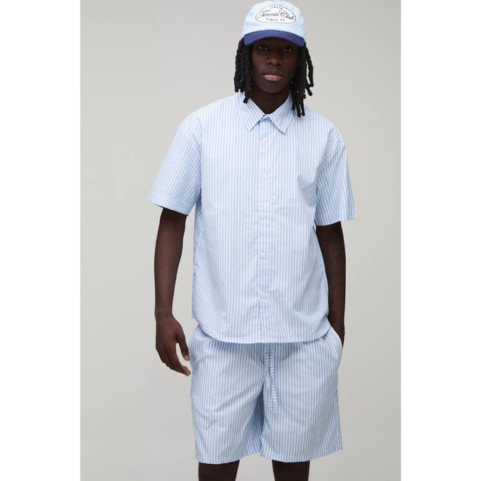 Gestreepte Oversized Shirt & Baggy Short Set | Blue | Size Medium