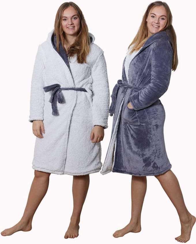 2 kanten draagbare badjas met teddy voering - grijs - capuchon - unisex model - reversible badjas fleece