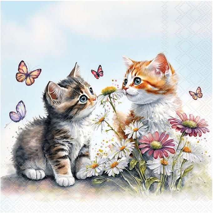 Servetten 20pcs / 33 x 33cm, Kittens in flower field