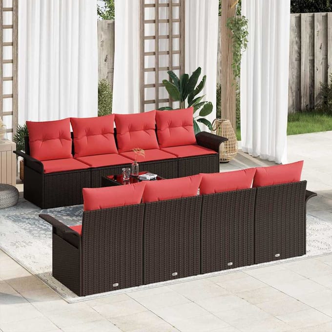 vidaXL - Tuinbank - Set - 9 - st - Beige - en - Rood - poly - rattan