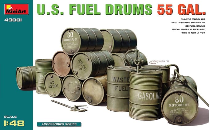 MiniArt Modelbouwpakket Militaire voertuigen - 49001 U.S. Fuel Drums 55 Gals. Set Plastic - 1:48 - Modelbouw