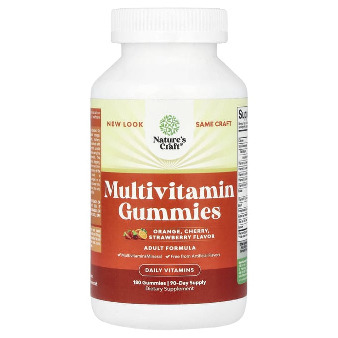 Nature's Craft, multivitamin gummies, orange, cherry, strawberry, 180 gummies