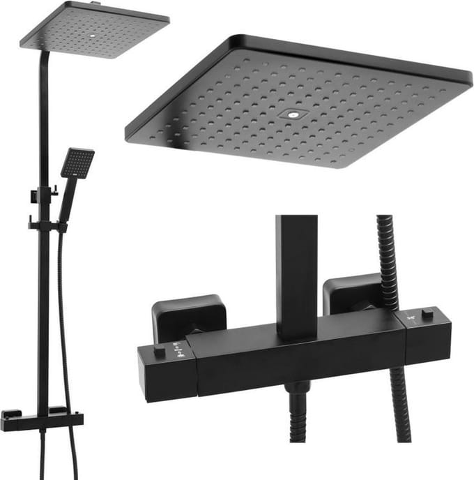 Doucheset zwart - met Regendouche 30cm - en Thermostaatkraan