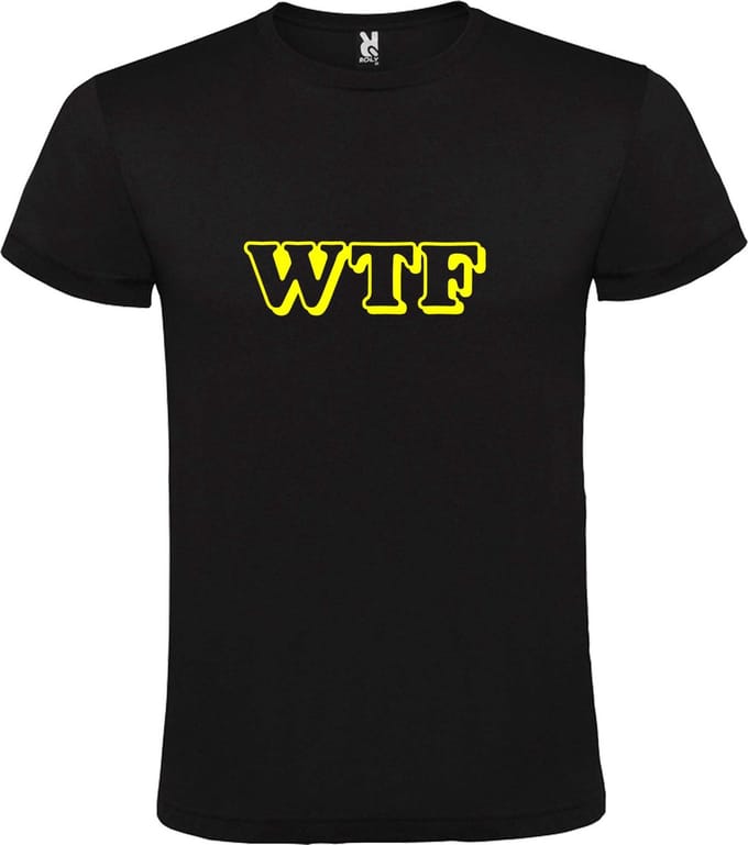 Zwart T-shirt ‘WTF’ Geel maat 4XL