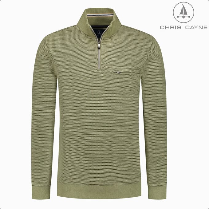 CHRIS CAYNE heren sweatshirt - M - gemeleerd - lichtgroen - korte rits - schipperskraag - borstzak